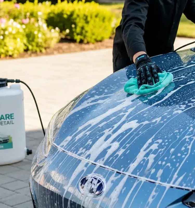 Professional hand car wash in Costa del Sol showing soap foam wiped from a vehicle hood with a microfiber cloth.